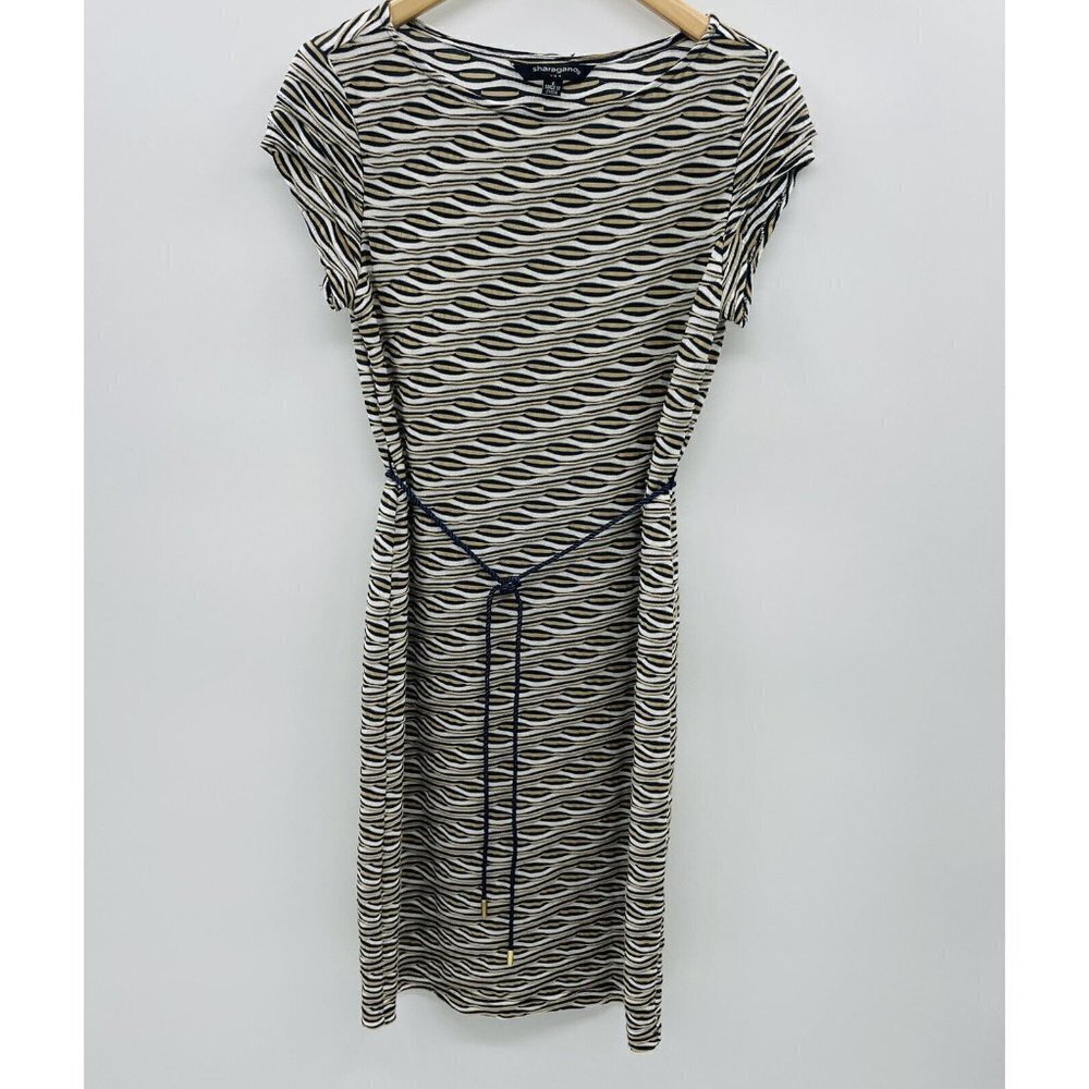 Sharagano Womens Size 8 Striped Short Sleeve Sheath Dress with Robe Belt Navy